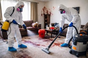 Deux techniciens en combinaison de protection réalisent un nettoyage après décès avec pulvérisation désinfectante et aspiration sur sol et mobilier dans un salon.