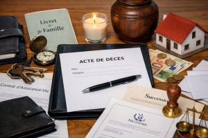Acte de décès sur un bureau avec livret de famille, contrat d’assurance-vie, documents de succession, clés, montre, urne et maquette de maison