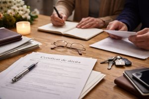 Deux personnes trient des documents administratifs après un décès, avec un certificat de décès, un carnet de notes, des lunettes, des clés et une bougie sur une table.