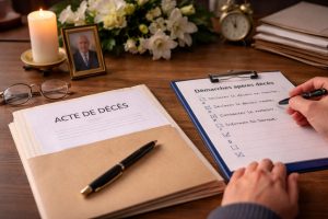 Acte de décès posé sur un bureau avec une checklist des démarches administratives après un décès, une bougie allumée, une photo encadrée et des documents officiels.