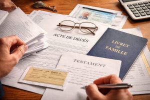 Acte de décès, livret de famille et testament posés sur une table, avec des mains qui classent des papiers et un stylo.