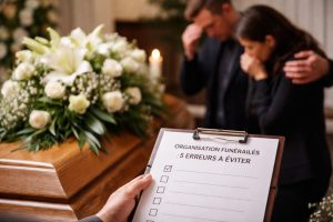 Gros plan d’un cercueil avec fleurs blanches et une checklist “Organisation funérailles : 5 erreurs à éviter” tenue à la main, avec des proches en arrière-plan.