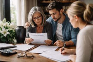 Des proches assis autour d’une table consultent des documents administratifs après un décès, avec une urne et des fleurs à côté.