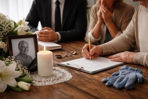 Trois proches remplissent des documents d’obsèques sur une table en bois avec une photo du défunt, une bougie allumée, des lys blancs et des gants de protection.