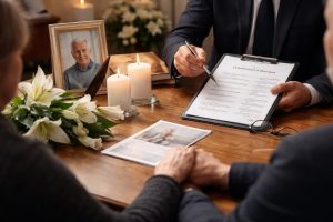 Couple en rendez-vous avec un conseiller funéraire, documents d’organisation d’obsèques sur la table, photo du défunt, bougies et lys blancs.