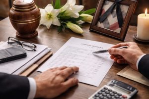 Personne en costume signant un contrat obsèques sur une table avec urne funéraire, fleurs blanches, cadre photo et calculatrice, illustrant la gestion des frais d’obsèques