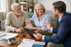 Un couple senior échange avec un conseiller sur des documents de succession et d’assurance-vie dans un salon lumineux.