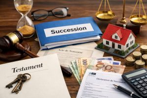 Scène réaliste sur un bureau avec un dossier « Succession », un document « Testament », une maquette de maison, des billets et pièces en euros, un maillet de justice, un sablier et une calculatrice, illustrant les démarches et délais d’une succession.