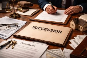 Dossier “Succession” posé sur un bureau en bois avec documents juridiques, stylo, lunettes, balance et maquette de maison