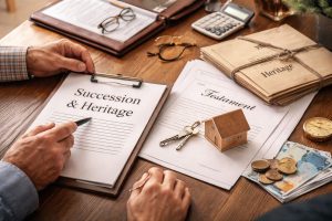 Table en bois avec dossier “Succession & Heritage”, documents de testament, clés, maquette de maison et objets symbolisant la préparation d’une succession
