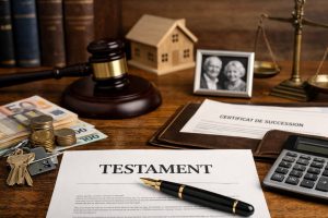 Photo horizontale d’un testament sur un bureau avec un stylo, des clés, des billets en euros, un marteau de juge, une maison miniature et des documents de succession.