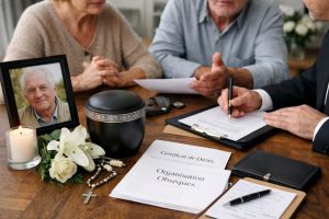 Famille réunie autour d’une table pour organiser des obsèques, avec urne, portrait du défunt, bougie, fleurs et documents administratifs.