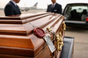 Cercueil en bois verni avec scellé officiel et étiquette d’identification, prêt pour un transport aérien à l’étranger