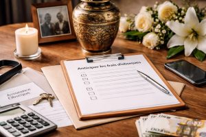 Table avec documents administratifs, urne funéraire, fleurs blanches et checklist liée à l’anticipation des frais d’obsèques