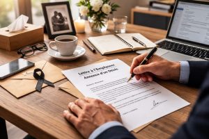 Personne écrivant un courrier pour informer un employeur d’un décès, avec ruban de deuil, fleurs et bougie sur un bureau