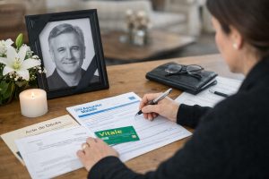 Personne remplissant un formulaire CPAM pour le capital décès sur une table, avec carte Vitale, acte de décès, bougie et photo du défunt.