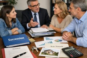 Notaire expliquant une succession à une famille autour d’une table avec documents, graphiques et acte notarié