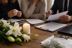Des proches réunis autour d’une table avec des documents d’obsèques, un bouquet de lys blancs et une bougie allumée pour préparer la cérémonie.