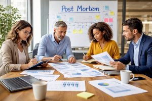Équipe administrative en réunion analysant des documents et indicateurs lors d’un post mortem administratif