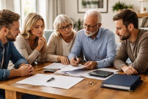 Une famille réunie autour d’un notaire examine des documents de succession pour organiser un partage équitable.