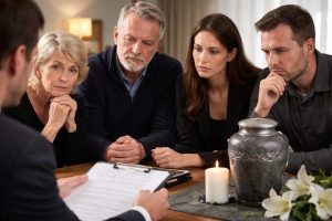 Famille réunie dans un bureau de pompes funèbres, échange avec un conseiller funéraire, urne et bougie sur la table