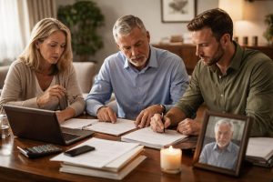 Trois proches examinent des documents de succession sur une table, avec un portrait du défunt à côté.