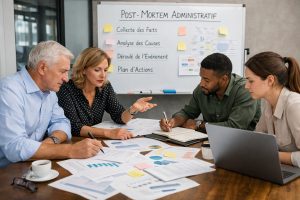 Quatre professionnels analysent un incident administratif autour d’une table avec documents, graphiques, post-its et ordinateur, devant un tableau indiquant les étapes du post mortem.