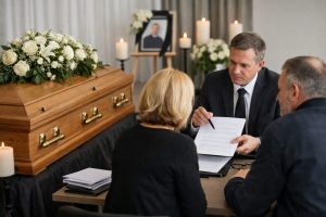 Famille en entretien avec un conseiller funéraire, documents administratifs sur la table, cercueil en bois et fleurs blanches dans un salon funéraire
