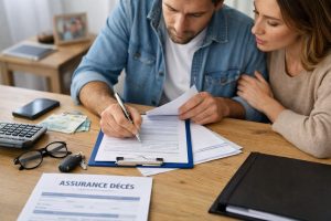 Un couple examine et signe des documents d’assurance décès sur une table, avec une calculatrice, des clés et des papiers à portée de main.