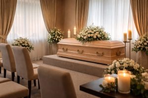 Salon de recueillement en chambre funéraire, cercueil en bois clair décoré de fleurs blanches, bougies allumées et fauteuils pour les proches