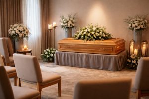 Salon de chambre funéraire avec cercueil en bois clair, compositions florales blanches et sièges disposés pour le recueillement des proches
