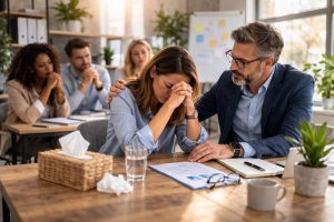 Une responsable réconforte un collègue en détresse dans un bureau, tandis que l’équipe en arrière-plan reste attentive dans une atmosphère de soutien.