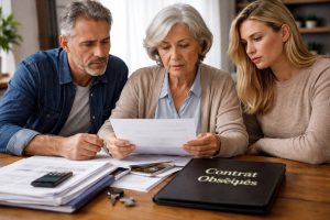 Trois membres d’une famille consultent des documents administratifs autour d’une table avec un dossier intitulé contrat obsèques pour vérifier son existence après un décès.