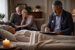 Médecin remplissant un certificat de décès au domicile, proches endeuillés au second plan, atmosphère calme et respectueuse