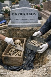 Réduction de corps au cimetière : illustration réaliste des démarches funéraires en concession familiale