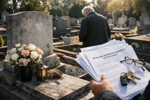 Concession échue dans un cimetière avec dossier de renouvellement posé devant une tombe funéraire