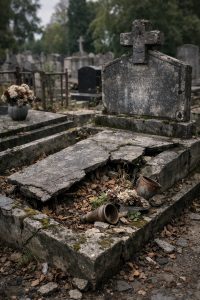 Tombe en mauvais état dans un cimetière, avec pierre fissurée, dalle affaissée et signes visibles de dégradation