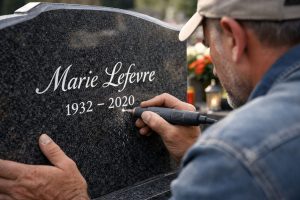Graveur en train de réaliser une inscription sur une pierre tombale en granit noir dans un cimetière