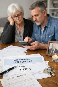 Famille consultant un avis de taxe foncière après un décès pour comprendre qui doit payer et à quelle date