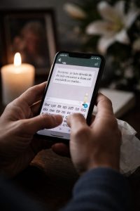 Personne rédigeant un message d’annonce de décès avec tact sur smartphone, dans une ambiance sobre et recueillie