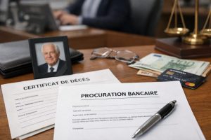 Procuration bancaire et certificat de décès sur un bureau dans une agence bancaire