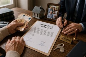 Signature d’un document d’avance sur héritage chez un notaire avec remise d’une somme d’argent