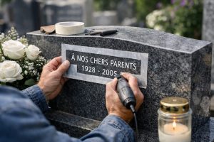 Artisan en train de modifier une inscription funéraire sur une pierre tombale en granit dans un cimetière
