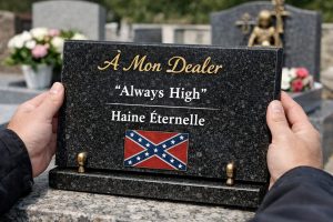 Plaque funéraire en granit dans un cimetière illustrant les mentions interdites sur une plaque funéraire