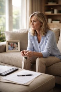 Conjointe survivante assise dans son salon après le décès du locataire, tenant des clés de logement et réfléchissant au maintien dans les lieux