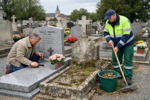 Entretien de tombe dans un cimetière par un proche et un agent communal
