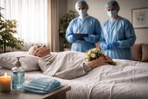 Maintien du corps à domicile avec précautions sanitaires dans une chambre au domicile familial