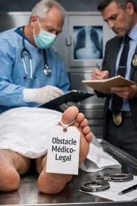 Médecin légiste et enquêteur examinant un obstacle médico-légal avant la levée de procédure