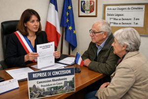 Reprise de concession en mairie avec présentation de la procédure et des délais légaux à une famille