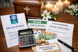 Documents d’aide financière obsèques avec formulaires CAF, CCAS et caisse de retraite, calculatrice et billets en euros